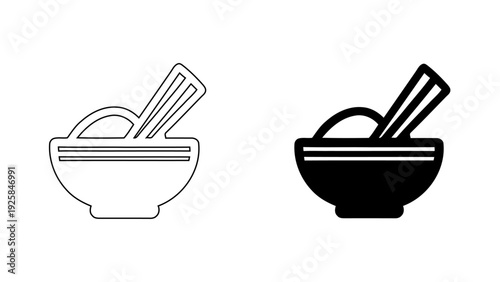 Noodle Bowl and Chopsticks Icon, Minimalist Asian Cuisine and Ramen Food Symbol, Oriental Restaurant Menu and Delivery UI Design, Line and Solid Bold Style, 4K Vector