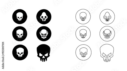 Skulls and skeleton head collection, gothic death and horror symbols, esports gaming mascot and tattoo outline vectors, 4K high quality, isolated on white.