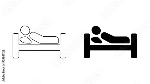 Person sleeping in bed icon, hotel and rest accommodation silhouette and outline vector, hospital patient or bedroom furniture symbol, 4K high quality, isolated on white.