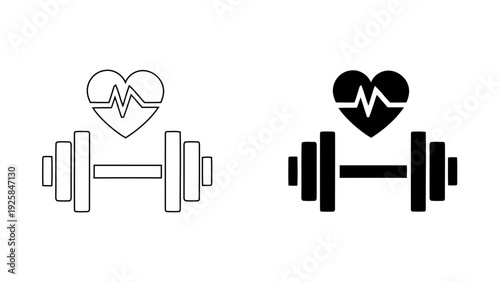 Dumbbell with heart rate pulse icon, fitness and weightlifting silhouette and outline vector, gym workout and cardio health symbol, 4k high quality, isolated on white.