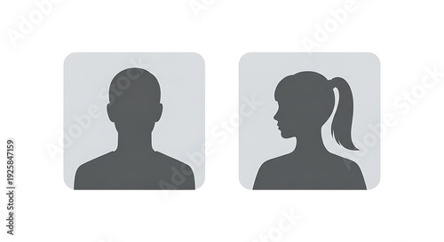 Silhouetted male & female profiles within square frames, grayscale, on white background