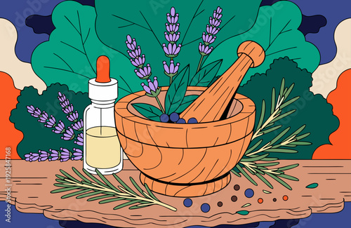 Wooden mortar and pestle with fresh lavender and rosemary herbal medicine natural remedy aromatherapy concept essential oils rustic wooden table