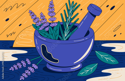 Wooden mortar and pestle with fresh lavender and rosemary herbal medicine natural remedy aromatherapy concept essential oils rustic wooden table