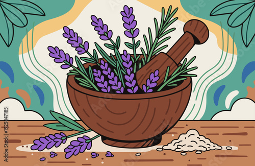 Wooden mortar and pestle with fresh lavender and rosemary herbal medicine natural remedy aromatherapy concept essential oils rustic wooden table