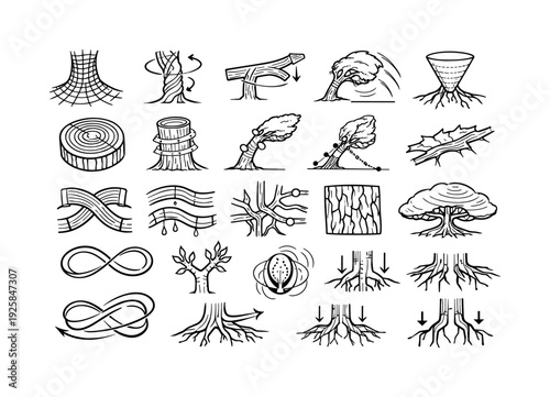 Line vector icons of biomechanical tree modelling: stress-distribution nets, trunk-torsion arcs, branch-load beams,