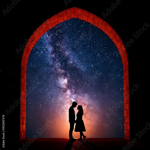 Romantic couple silhouette under starry night sky within archway.