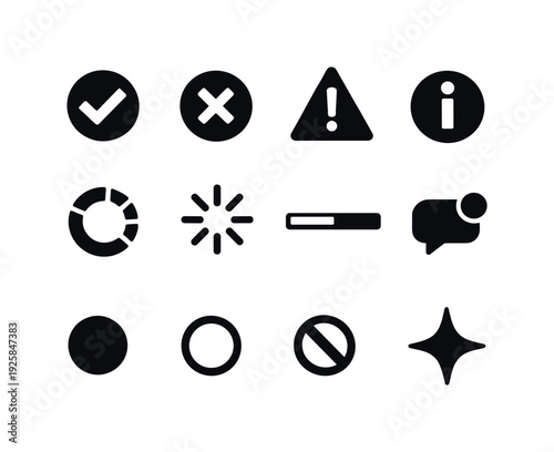 Solid vector icons of mobile status and feedback: successcheck, errorcross, warningtriangle, infocircle, loading, spinner,
