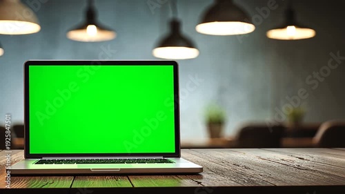 Green screen laptop on a rustic wood table with hanging lights, blurred background