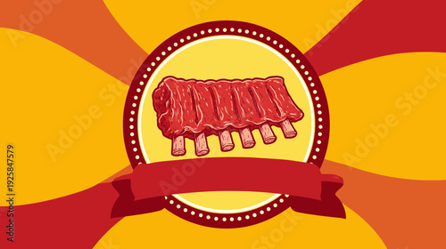 A graphic featuring a rack of ribs within a circular frame, with a banner below against a vibrant, striped backdrop