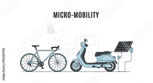 Micro-mobility transportation icons, bike and scooter