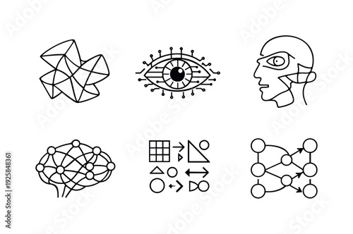 Line style vector icons of machine hallucination: abstract-form icon, recognition-eye motif, distorted-feature outline,