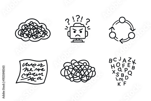 Line style vector icons of overfitted language model: scrambled-text cloud, confused-algorithm motif, looping-node arrow, garbled