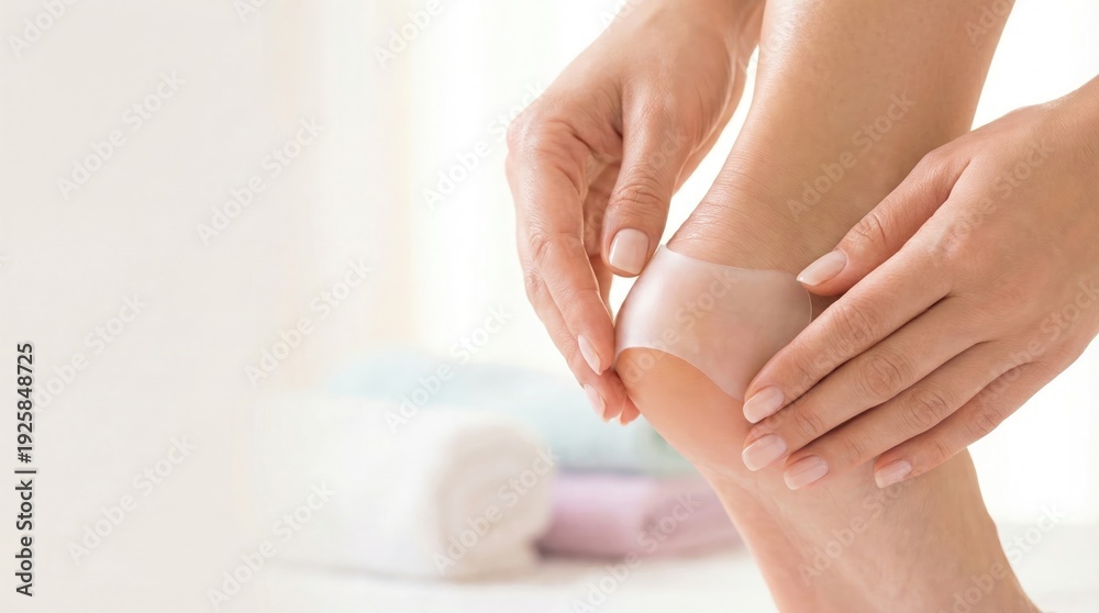 Naklejka premium A woman is applying a transparent hydrocolloid patch to her heel to protect it from blisters or calluses.