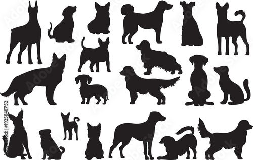 Collection of diverse dog breed silhouettes vector illustration of various canine shapes for pet-related designs and concepts isolated on white background