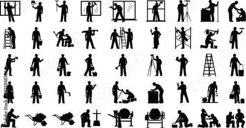 Construction worker silhouette collection with tools and tasks, manual labor activity illustration, occupational design concept, flat vector icon set