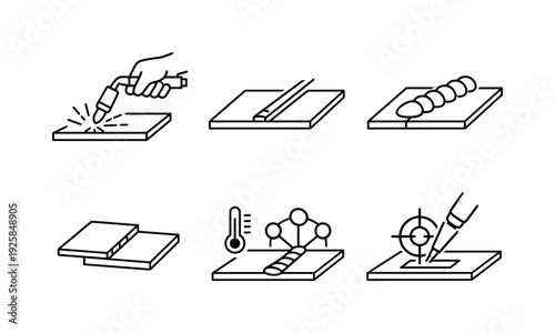 Line style icons of on-surface weld instructions: projected-hand arc, guiding-line stripe, weld-tip bead, contact seam tile, heat