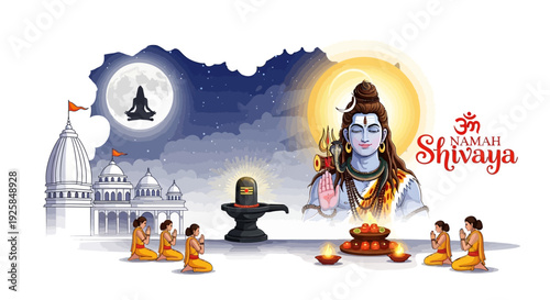 Illustration of Lord Shiva with devotees worshipping in a spiritual Indian temple setting on Maha Shivaratri.
