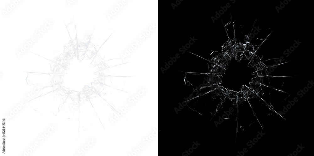 Fototapeta premium Realistic shattered glass hole with radiating cracks isolated on black background, broken window overlay effect, bullet impact fracture texture.