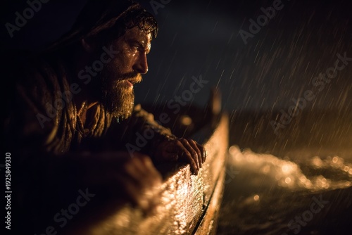 Biblical scene of Peter on a boat facing on the boat facing Jesus pn the sea during a storm.