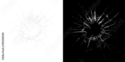 Realistic shattered glass hole with radiating cracks isolated on black background, broken window overlay effect, bullet impact fracture texture.