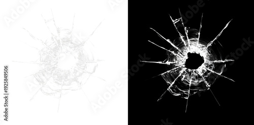Realistic shattered glass hole with radiating cracks isolated on black background, broken window overlay effect, bullet impact fracture texture.