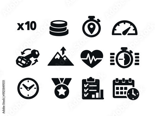 Solid vector icons of workout metrics tracking: repetition, set, pace, speed, cadence, elevation, zone, interval, duration,