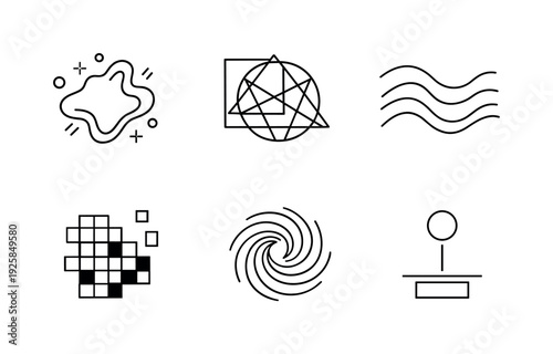 Line style icons of digital art elements: abstract shape, geometric pattern, color-wave outline, pixel mosaic block, generative