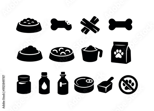 Solid vector icons of dog food products: dogkibble, dogtreat, chewstick, bonebiscuit, feedingbowl, slowfeeder, measuringcup,