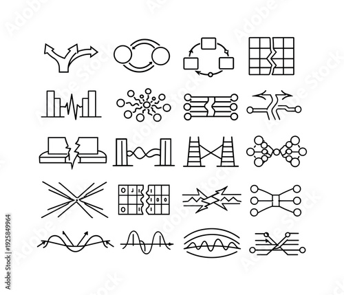 Line vector icons of an algorithm unconsciously amplifying societal polarization: divide-path arcs, bias-loop nodes, echo-flow