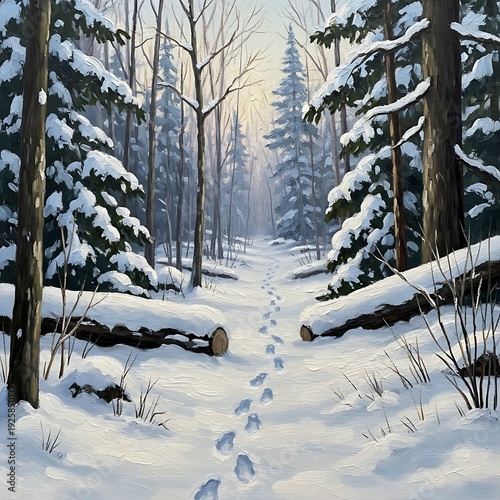 Winter Wonderland - A Snowy Forest Path Beckons with Footprints.