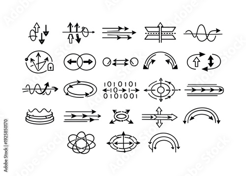 Line vector icons of spintronic information flow: polarized carriers, magnetic moment bits, spin-transport lanes, tunneling
