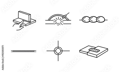 Line style icons of real-surface weld projection: gesture-outline plate, arc-glow curve, guidance bead trio, seam-path stripe,