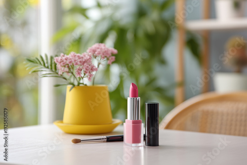 Beautiful pink lipstick and brush on a sunny table with a plant