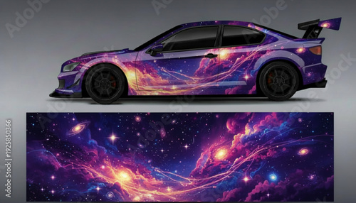A car with a vibrant galaxy and nebula wrap design, showcasing cosmic colors and stars.