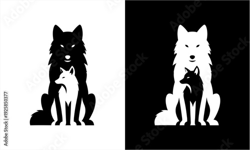 Two wolves sitting together, one large and one small, in a minimalist black and white design.