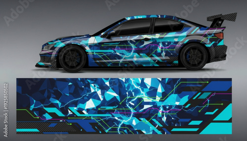 Custom car wrap design with abstract blue geometric and lightning patterns.