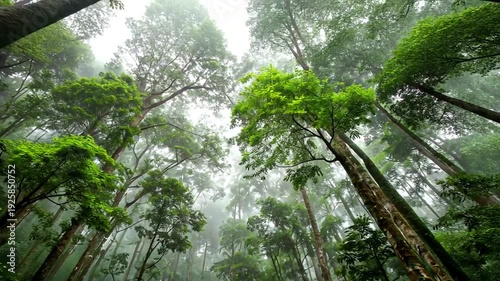 Forest canopy view upwards, with tall trees and misty sky, lush, dense, and green