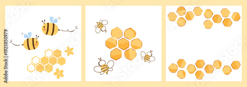 Cute bee and honeycomb illustration set with hexagon frames and floral elements.