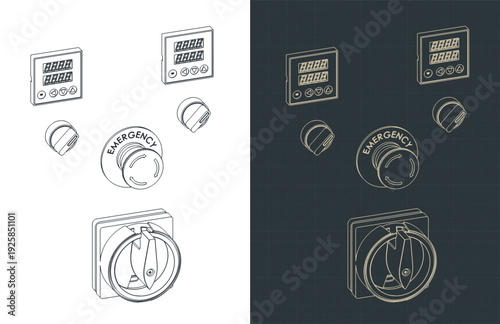 Industrial machine control panel and line emergency stop button isometric drawings