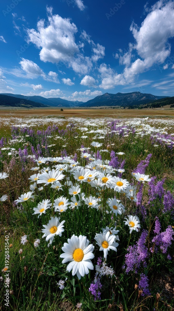Fototapeta premium Wildflower meadow under vast blue sky