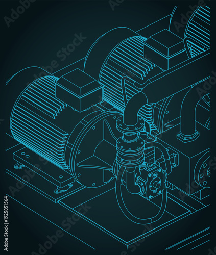 Hydraulic power pack close up isometric blueprint
