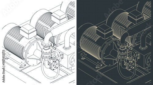 Hydraulic power pack close up isometric drawings