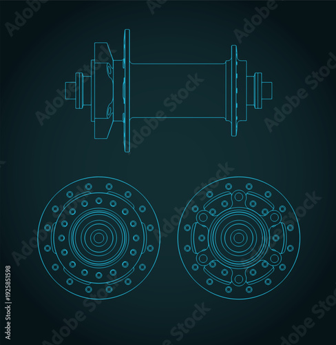 Bicycle front wheel hub blueprints illustration