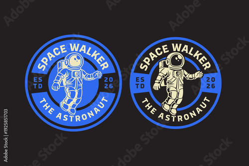 Astronaut space walker retro badge logo design set for outdoor. Space mission vintage patch symbol pack for kids. Cosmic explorer rustic emblem element bundle for adventure