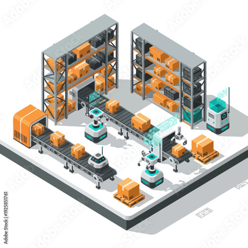 Automated warehouse with robotic systems and conveyor belts for efficient logistics.