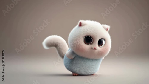 Cute 3D chubby white cat character with big expressive eyes on pastel background