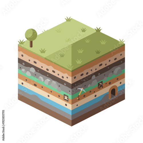 Cross section of earth layers showing soil and underground elements.