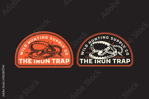 Iron hunting trap retro badge logo design set for hunting sport. Wild hunting metal trap vintage patch symbol pack for hunter. Bear trapper equipment rustic emblem element for outdoor supply
