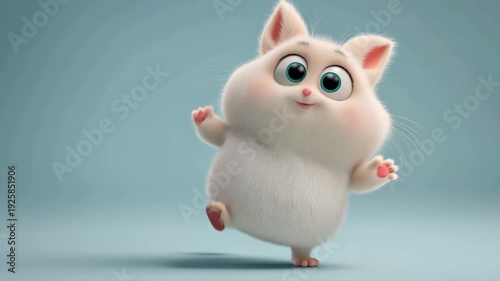 Cute 3D chubby white cat character with big expressive eyes on pastel background