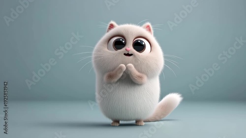 Cute 3D chubby white cat character with big expressive eyes on pastel background